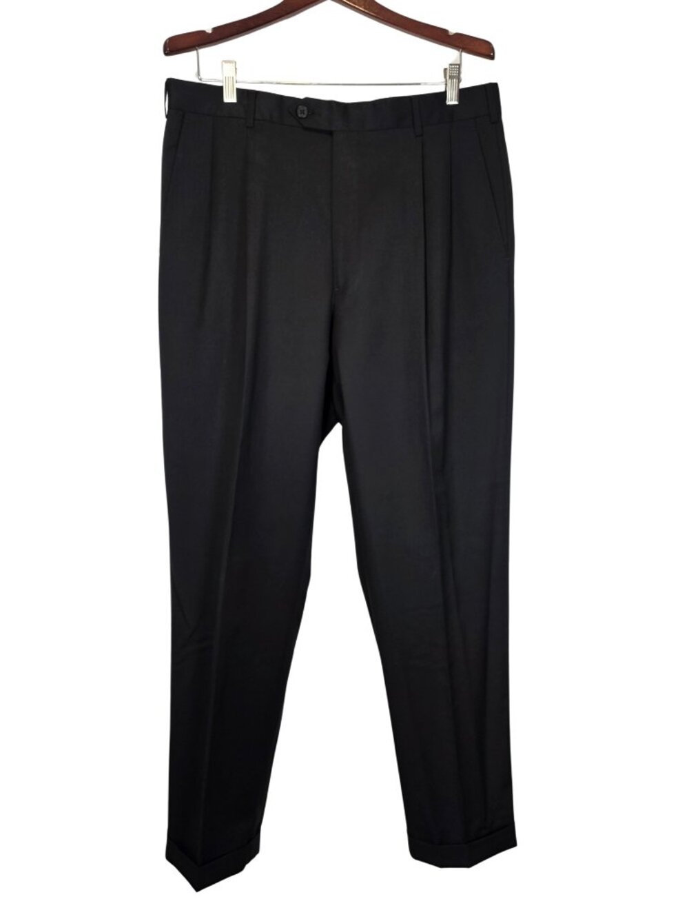 Kirkland Signature Dress Pants Mens 36x32 Black 100% Wool Pleated Cuffed
